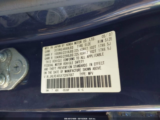 45131909 :رقم المزاد ، JHLRE485X7C097087 vin ، 2007 Honda Cr-v Ex مزاد بيع