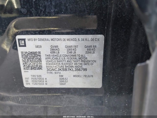 Продажа на аукционе авто 2019 Chevrolet Trax Ls, vin: 3GNCJKSB7KL356799, номер лота: 45131920