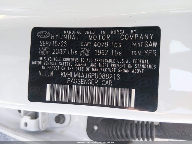 45131933 :رقم المزاد ، KMHLM4AJ6PU088213 vin ، 2023 Hyundai Elantra Hybrid Blue مزاد بيع