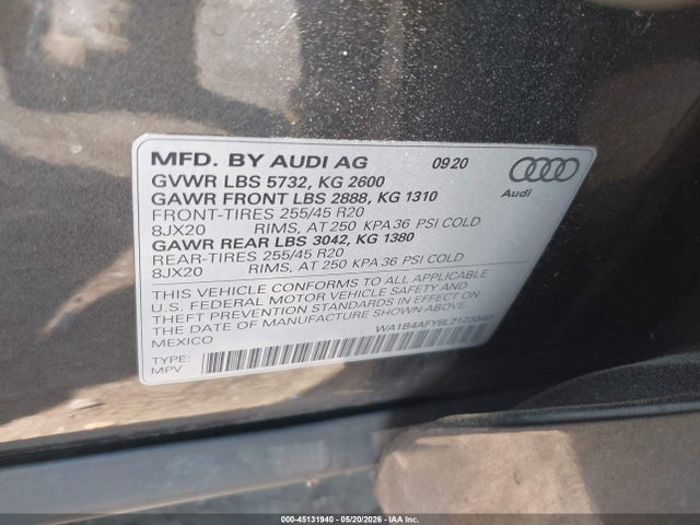 Aukcja sprzedaży 2020 Audi Sq5 Premium Plus Tfsi Quattro Tiptronic, vin: WA1B4AFY8L2123340, numer aukcji: 45131940