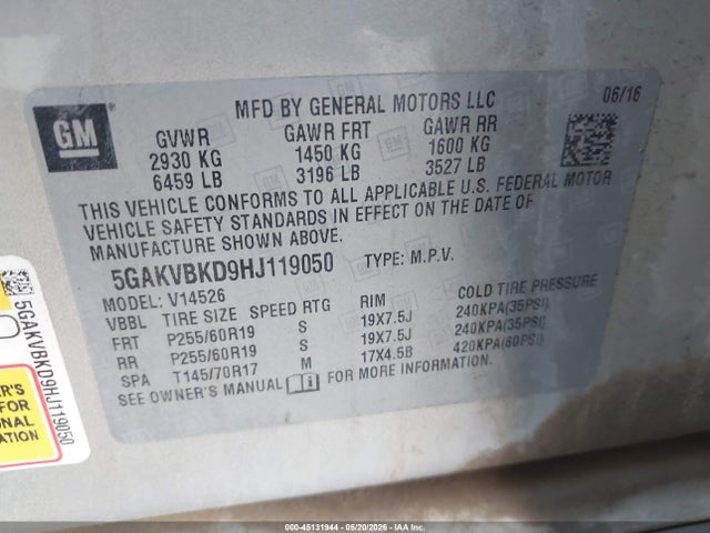 Продаж на аукціоні авто 2017 Buick Enclave Leather, vin: 5GAKVBKD9HJ119050, номер лоту: 45131944