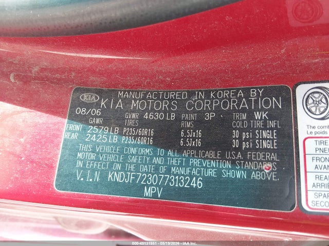 Продаж на аукціоні авто 2007 Kia Sportage Lx V6, vin: KNDJF723077313246, номер лоту: 45131951