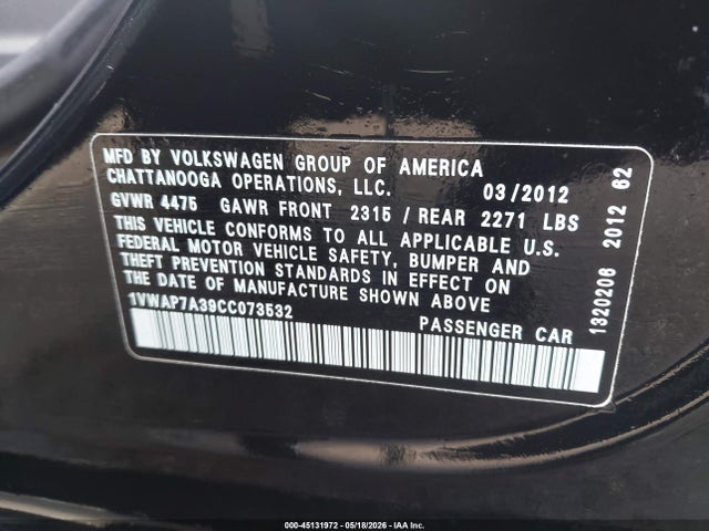 Продаж на аукціоні авто 2012 Volkswagen Passat 2.5l S, vin: 1VWAP7A39CC073532, номер лоту: 45131972