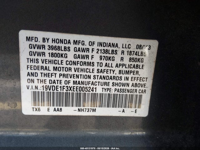 45131978 :رقم المزاد ، 19VDE1F3XEE005241 vin ، 2014 Acura Ilx 2.0l مزاد بيع