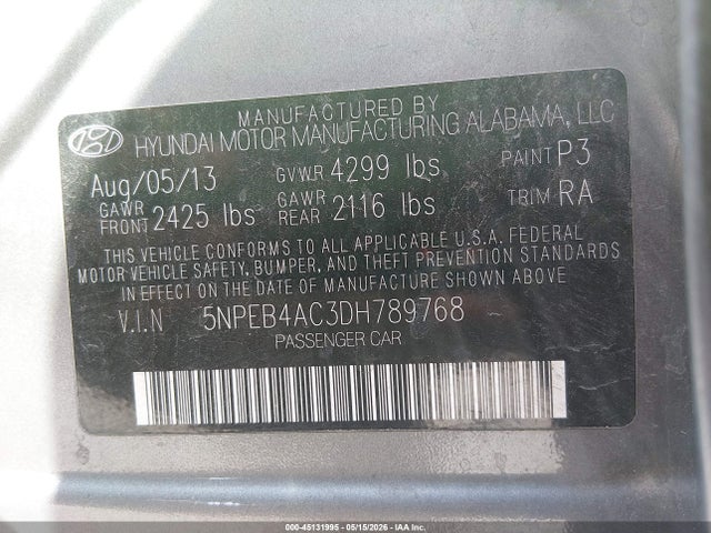 Aukcja sprzedaży 2013 Hyundai Sonata Gls, vin: 5NPEB4AC3DH789768, numer aukcji: 45131995