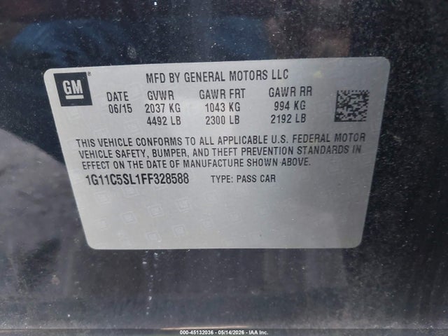 Продажа на аукционе авто 2015 Chevrolet Malibu 1lt, vin: 1G11C5SL1FF328588, номер лота: 45132036