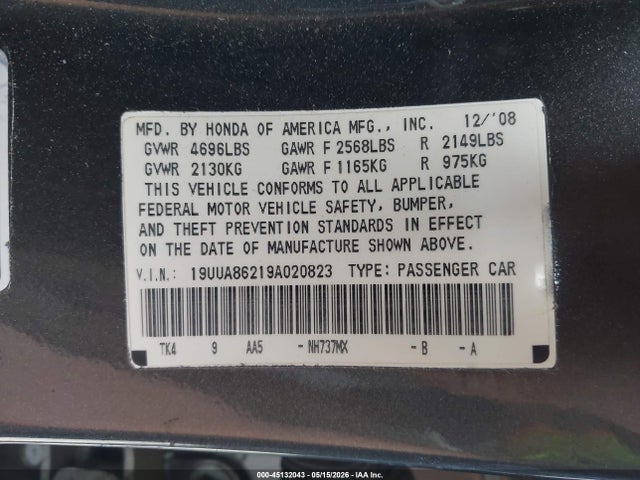 Aukcja sprzedaży 2009 Acura Tl 3.5, vin: 19UUA86219A020823, numer aukcji: 45132043