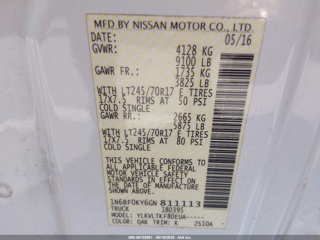 Aukcja sprzedaży 2016 Nissan Nv Cargo Nv2500 Hd Sv V6, vin: 1N6BF0KY6GN811113, numer aukcji: 45132061