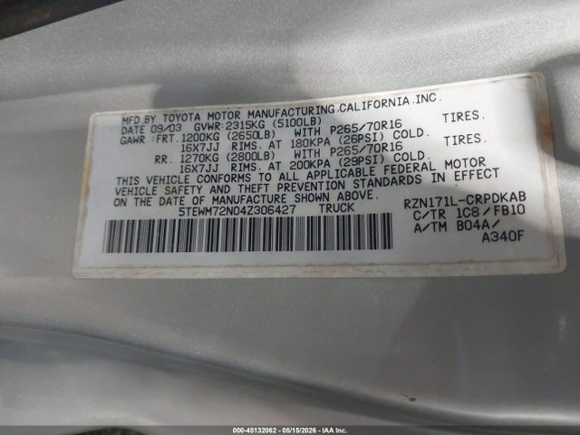 Aukcja sprzedaży 2004 Toyota Tacoma, vin: 5TEWM72N04Z306427, numer aukcji: 45132062