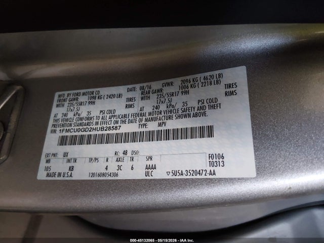 Продажа на аукционе авто 2017 Ford Escape Se, vin: 1FMCU0GD2HUB28587, номер лота: 45132065