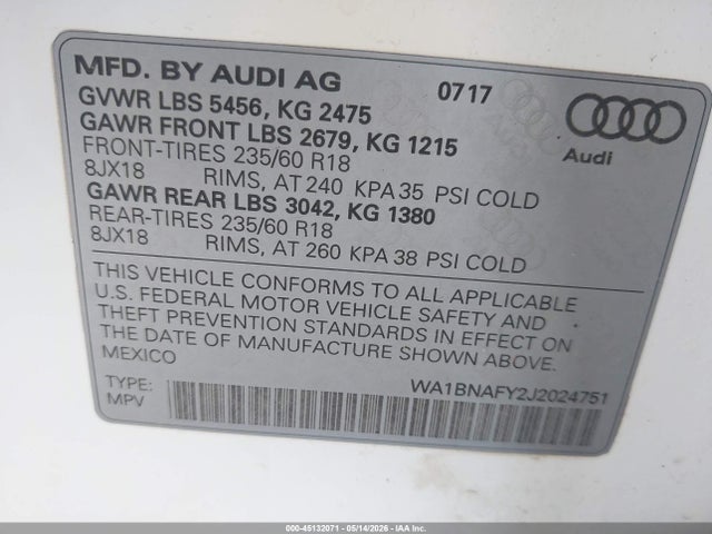 Aukcja sprzedaży 2018 Audi Q5 2.0t Premium/2.0t Tech Premium, vin: WA1BNAFY2J2024751, numer aukcji: 45132071