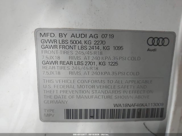 Aukcja sprzedaży 2019 Audi A4 Allroad 45 Premium, vin: WA18NAF46KA113009, numer aukcji: 45132077