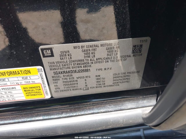 Продажа на аукционе авто 2014 Buick Enclave Convenience, vin: 5GAKRAKD3EJ226881, номер лота: 45132080