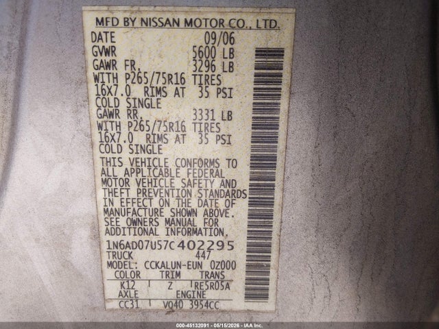 Продаж на аукціоні авто 2007 Nissan Frontier Nismo Off Road, vin: 1N6AD07U57C402295, номер лоту: 45132091