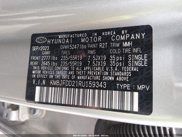 2024 Hyundai Tucson Plug-in Hybrid Limited მანქანა იყიდება აუქციონზე, vin: KM8JFDD21RU159343, აუქციონის ნომერი: 45132094