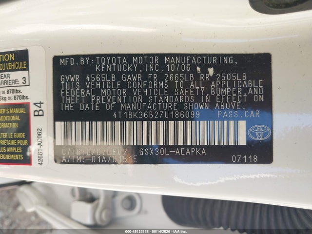 Aukcja sprzedaży 2007 Toyota Avalon Limited, vin: 4T1BK36B27U186099, numer aukcji: 45132128