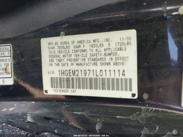 45132133 :رقم المزاد ، 1HGEM21971L011114 vin ، 2001 Honda Civic Ex مزاد بيع