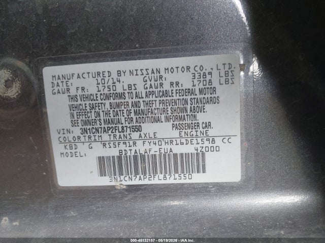 3N1CN7AP2FL871550 Nissan Versa 1.6 S