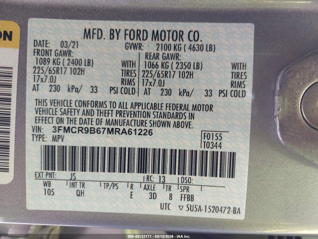 Продажа на аукционе авто 2021 Ford Bronco Sport Big Bend, vin: 3FMCR9B67MRA61226, номер лота: 45132171