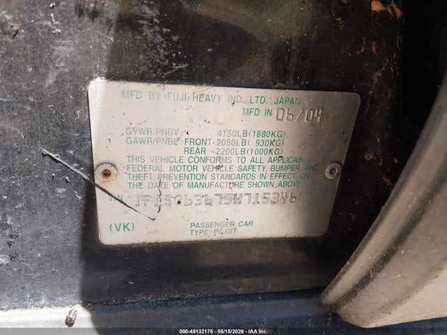 2005 Subaru Forester 2.5x მანქანა იყიდება აუქციონზე, vin: JF1SG63675H715346, აუქციონის ნომერი: 45132178