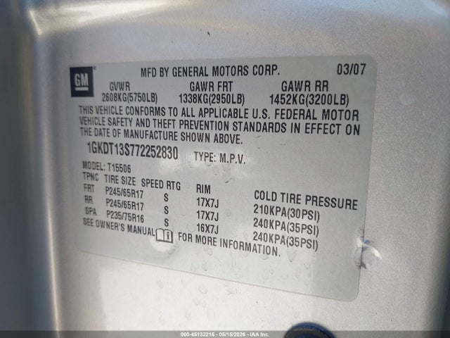 45132216 :رقم المزاد ، 1GKDT13S772252830 vin ، 2007 Gmc Envoy Sle مزاد بيع