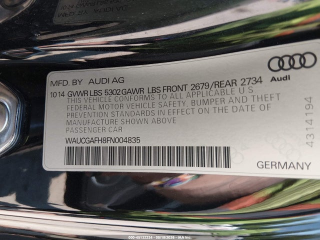 45132234 :رقم المزاد ، WAUCGAFH8FN004835 vin ، 2015 Audi S5 3.0t Premium Plus مزاد بيع