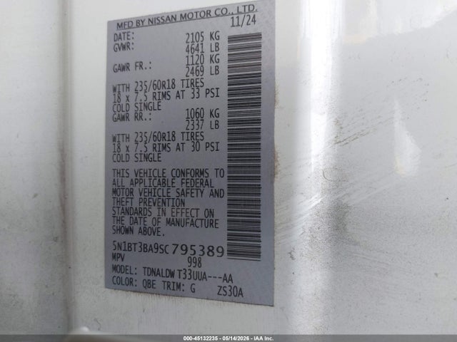 45132235 :رقم المزاد ، 5N1BT3BA9SC795389 vin ، 2025 Nissan Rogue Sv Fwd مزاد بيع