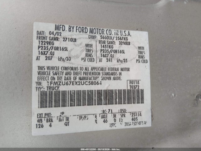 Продажа на аукционе авто 2002 Ford Explorer Sport Trac, vin: 1FMZU67EX2UC58064, номер лота: 45132250