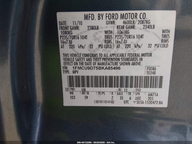 Продаж на аукціоні авто 2011 Ford Escape Xlt, vin: 1FMCU9D75BKA85496, номер лоту: 45132266