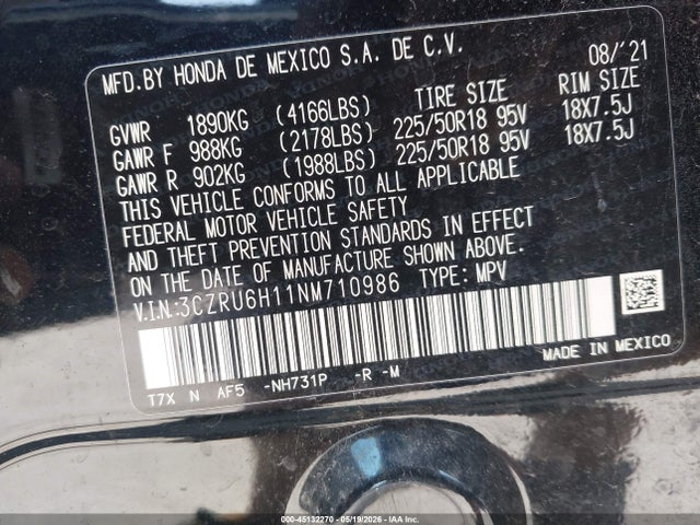 2022 Honda Hr-v Awd Sport მანქანა იყიდება აუქციონზე, vin: 3CZRU6H11NM710986, აუქციონის ნომერი: 45132270