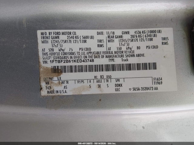 Aukcja sprzedaży 2019 Ford F-250 Xl, vin: 1FTBF2B61KED43748, numer aukcji: 45132272