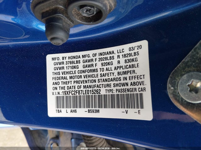 Продажа на аукционе авто 2020 Honda Civic Sport, vin: 19XFC2F87LE015262, номер лота: 45132273