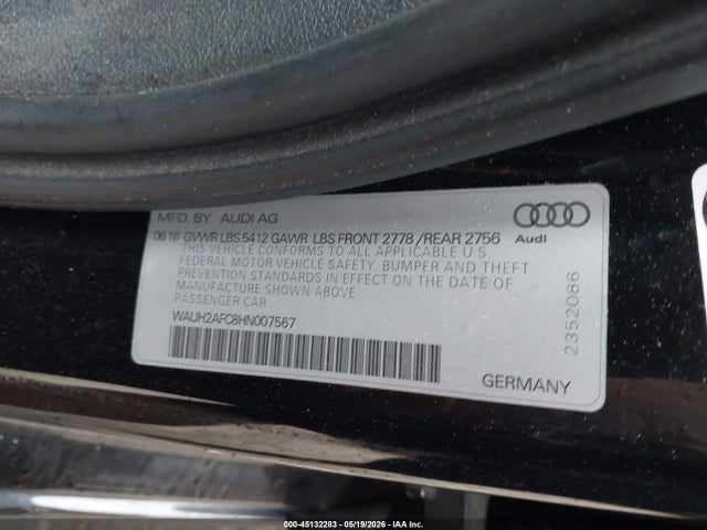 2017 Audi A6 Prestige მანქანა იყიდება აუქციონზე, vin: WAUH2AFC8HN007567, აუქციონის ნომერი: 45132283
