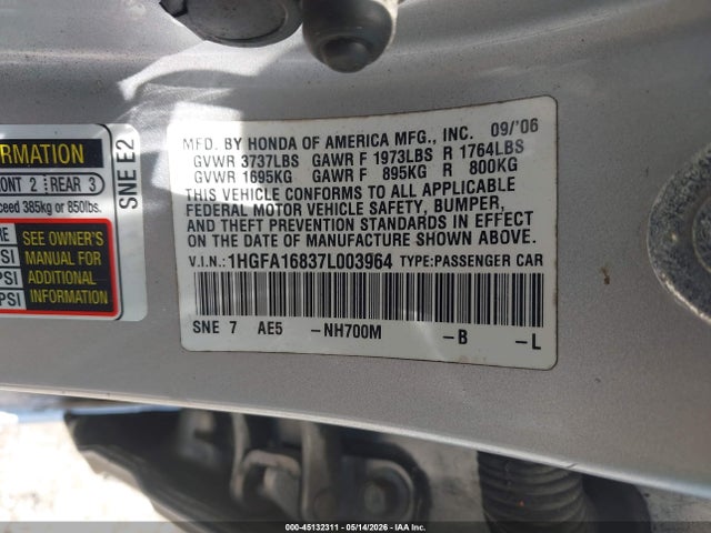 Aukcja sprzedaży 2007 Honda Civic Ex, vin: 1HGFA16837L003964, numer aukcji: 45132311