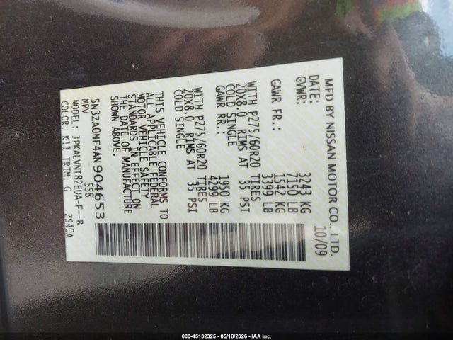Aukcja sprzedaży 2010 Infiniti Qx56, vin: 5N3ZA0NF4AN904653, numer aukcji: 45132325