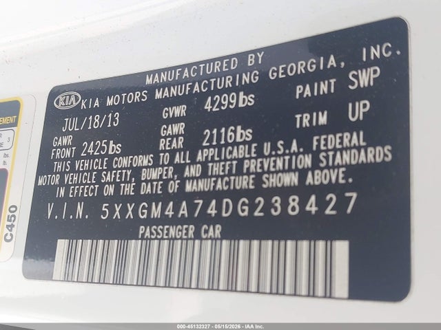 Aukcja sprzedaży 2013 Kia Optima Lx, vin: 5XXGM4A74DG238427, numer aukcji: 45132327