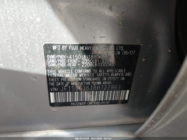45132328 :رقم المزاد ، JF1SG63618H722863 vin ، 2008 Subaru Forester 2.5x مزاد بيع