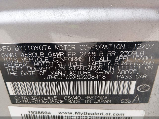 Auction sale of the 2008 Lexus Es 350, vin: JTHBJ46GX82208418, lot number: 45132341