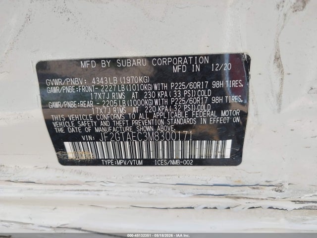 45132351 :رقم المزاد ، JF2GTAEC3M8300171 vin ، 2021 Subaru Crosstrek Premium مزاد بيع