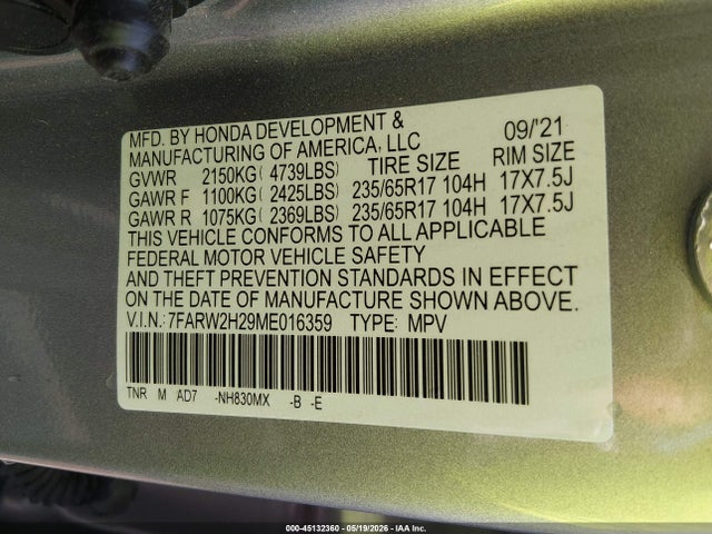Aukcja sprzedaży 2021 Honda Cr-v Awd Lx, vin: 7FARW2H29ME016359, numer aukcji: 45132360