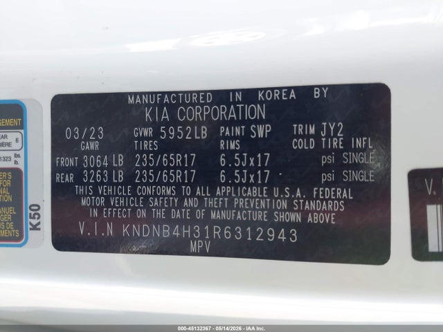 KNDNB4H31R6312943 KIA Carnival Mpv Lx Seat Package