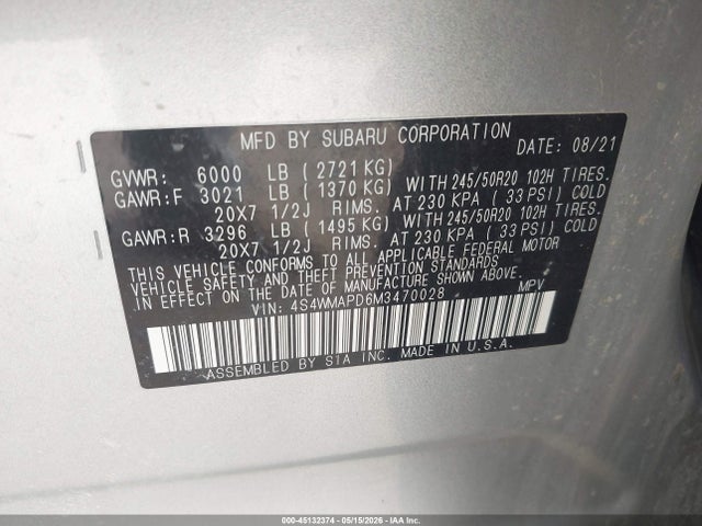 Продажа на аукционе авто 2021 Subaru Ascent Limited, vin: 4S4WMAPD6M3470028, номер лота: 45132374