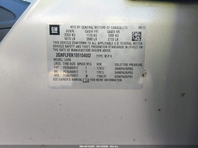 2014 Chevrolet Equinox 1lt მანქანა იყიდება აუქციონზე, vin: 2GNFLFEK1E6104002, აუქციონის ნომერი: 45132380