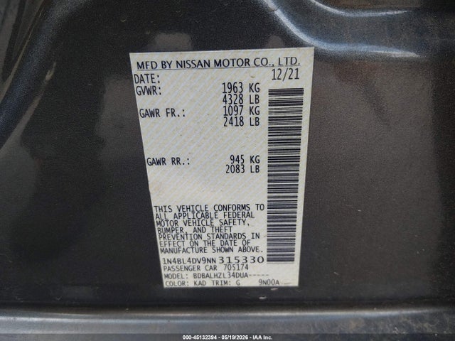 2022 Nissan Altima Sv Fwd მანქანა იყიდება აუქციონზე, vin: 1N4BL4DV9NN315330, აუქციონის ნომერი: 45132394