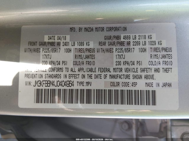 Aukcja sprzedaży 2018 Mazda Cx-5 Sport, vin: JM3KFBBM4J0404964, numer aukcji: 45132399