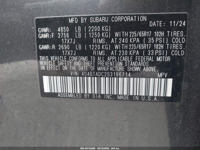 45132408 :رقم المزاد ، 4S4BTADC2S3186714 vin ، 2025 Subaru Outback Premium مزاد بيع