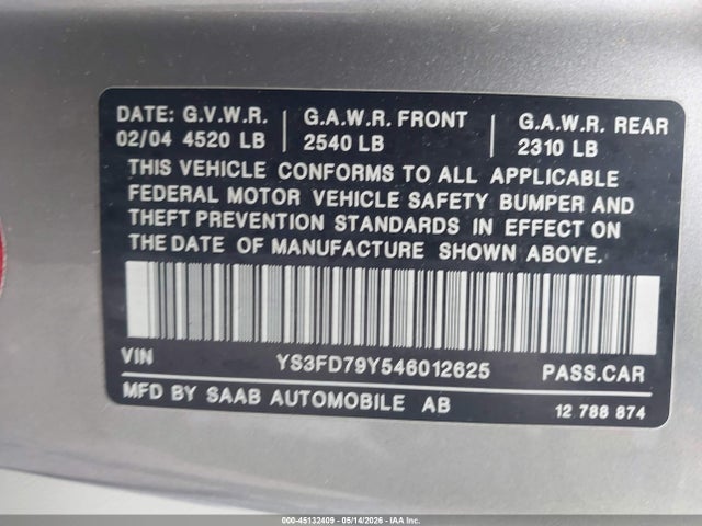 2004 Saab 9-3 Arc მანქანა იყიდება აუქციონზე, vin: YS3FD79Y546012625, აუქციონის ნომერი: 45132409