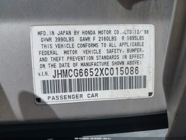 45132410 :رقم المزاد ، JHMCG6652XC015086 vin ، 1999 Honda Accord Lx مزاد بيع