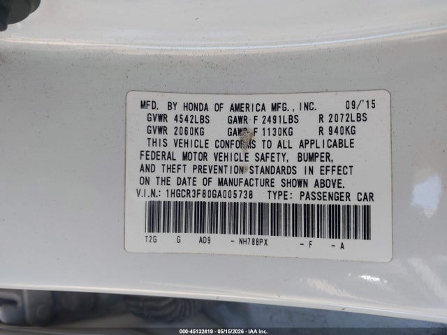 Aukcja sprzedaży 2016 Honda Accord Ex-l V-6, vin: 1HGCR3F80GA005738, numer aukcji: 45132419