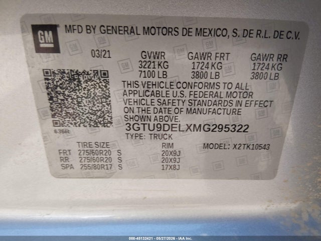 45132421 :رقم المزاد ، 3GTU9DELXMG295322 vin ، 2021 Gmc Sierra 1500 4wd  Short Box Slt مزاد بيع